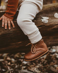 Adelisa & Co Paseo leather boots for children in medium brown. These vintage style boots feature subtle handcrafted side detailing and come in a medium brown leather.