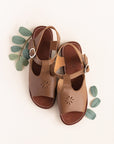 T-bar leather sandals with floral detailing for women.