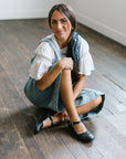 Adelisa & Co's handmade leather Cosecha Mary Janes for women in black with vintage style leaf detail.