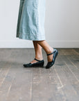 Adelisa & Co's handmade leather Cosecha Mary Janes for women in black with vintage style leaf detail.