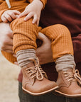 Adelisa & Co Paseo leather boots for children in medium brown. These vintage style boots feature subtle handcrafted side detailing and come in a medium brown leather.