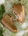 Adelisa & Co Paseo leather boots for children in medium brown. These vintage style boots feature subtle handcrafted side detailing and come in a medium brown leather.