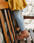 Adelisa & Co Paseo leather boots for children in medium brown. These vintage style boots feature subtle handcrafted side detailing and come in a medium brown leather. Unisex style