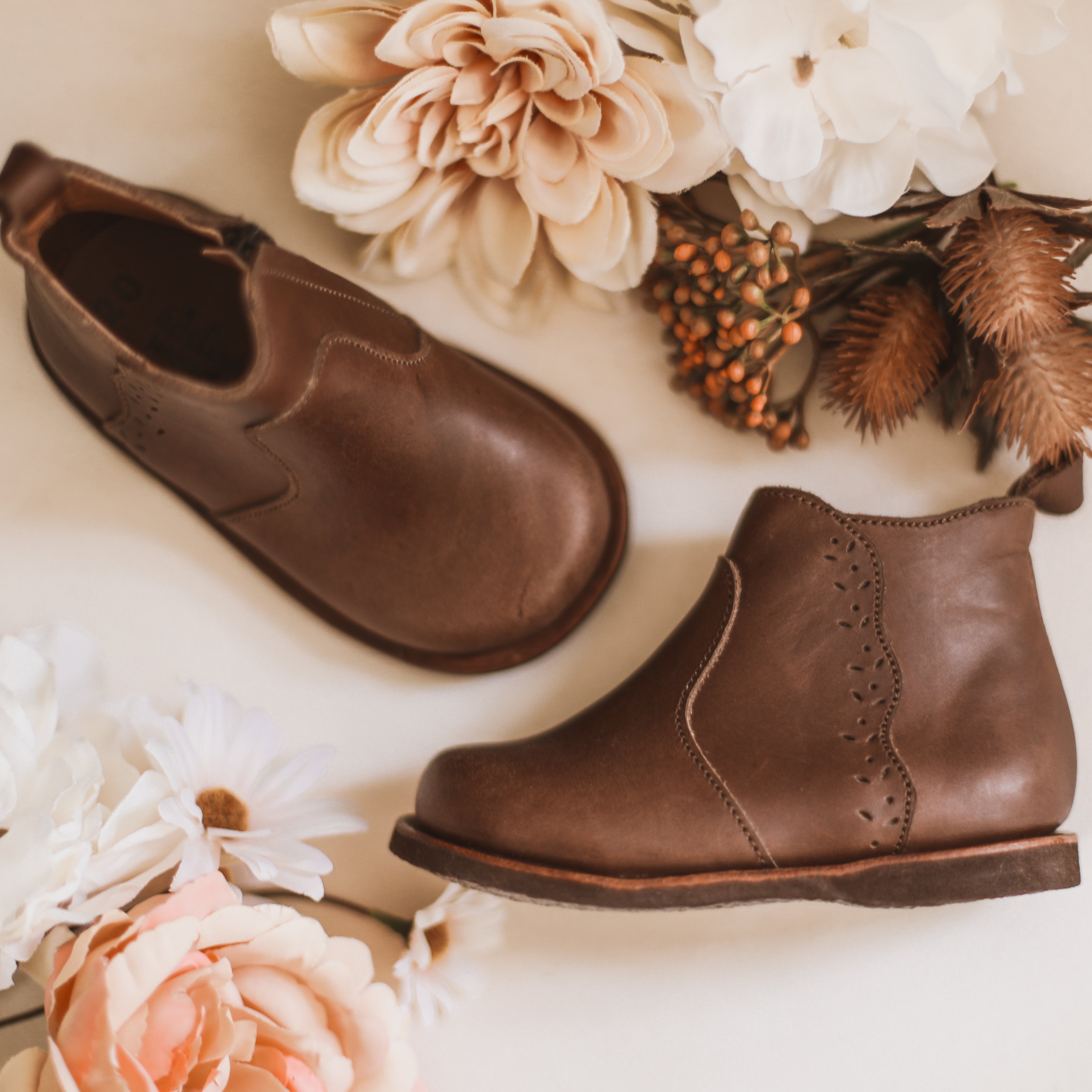 Adelisa &amp; Co dark brown leather Ophelia boots for girls with beautiful floral detailing
