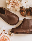 Adelisa & Co dark brown leather Ophelia boots for girls with beautiful floral detailing