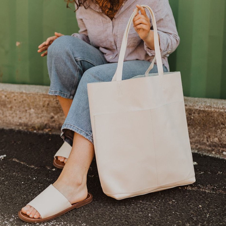 Large cream leather tote for women.